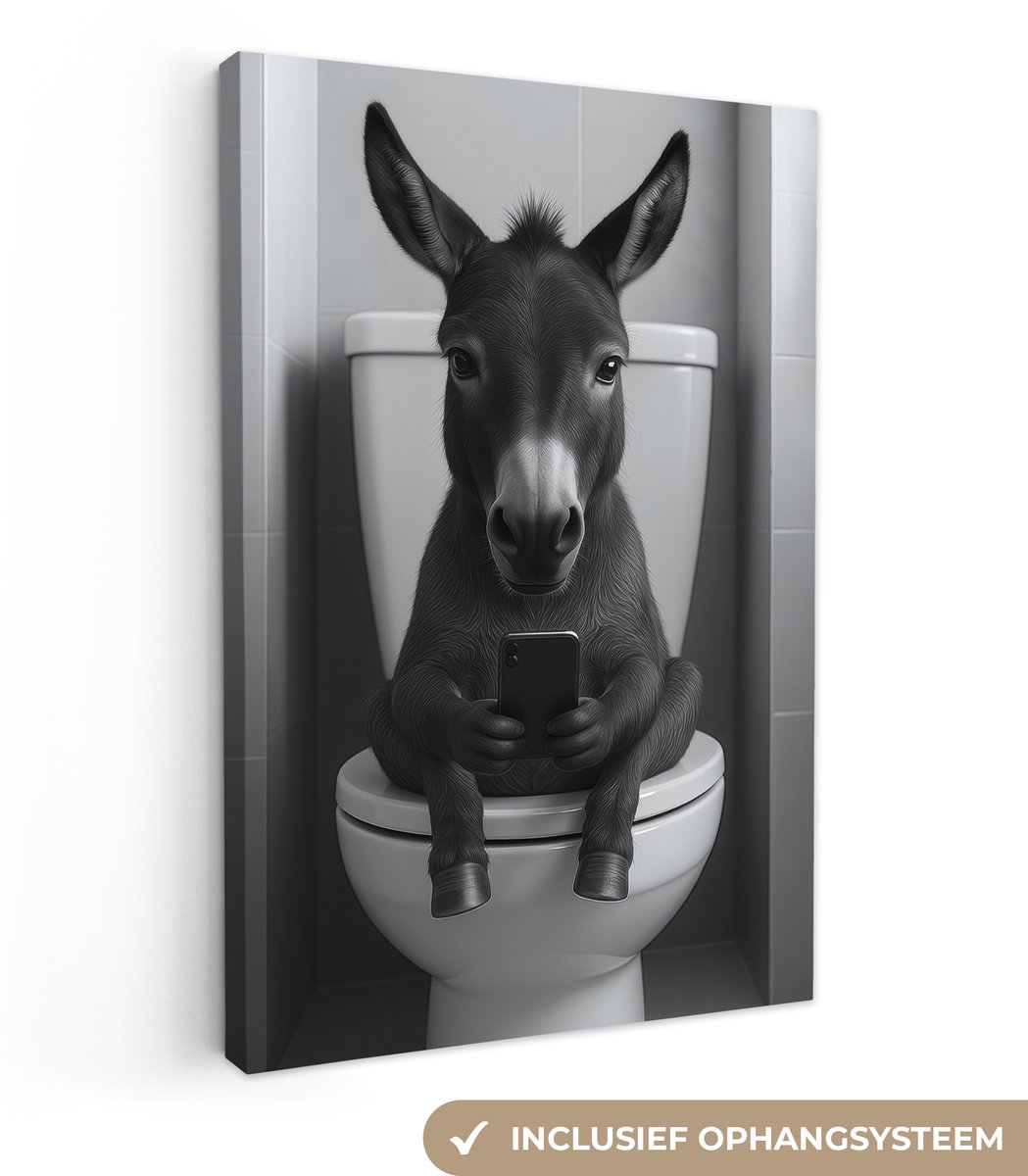 Canvas schilderij 120x180 cm - Exclusieve wanddecoratie Ezel - Telefoon - Toilet - Zwart -