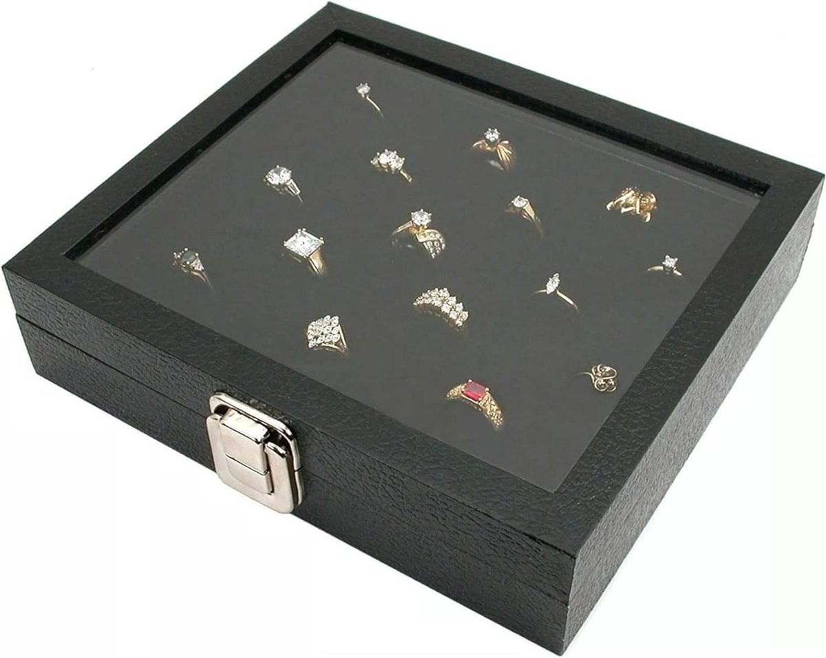 Glazen Sieradendoos - Opbergkistje - Sieraden Presenteren - Met 36 Vakjes - Half Formaat - Zwart