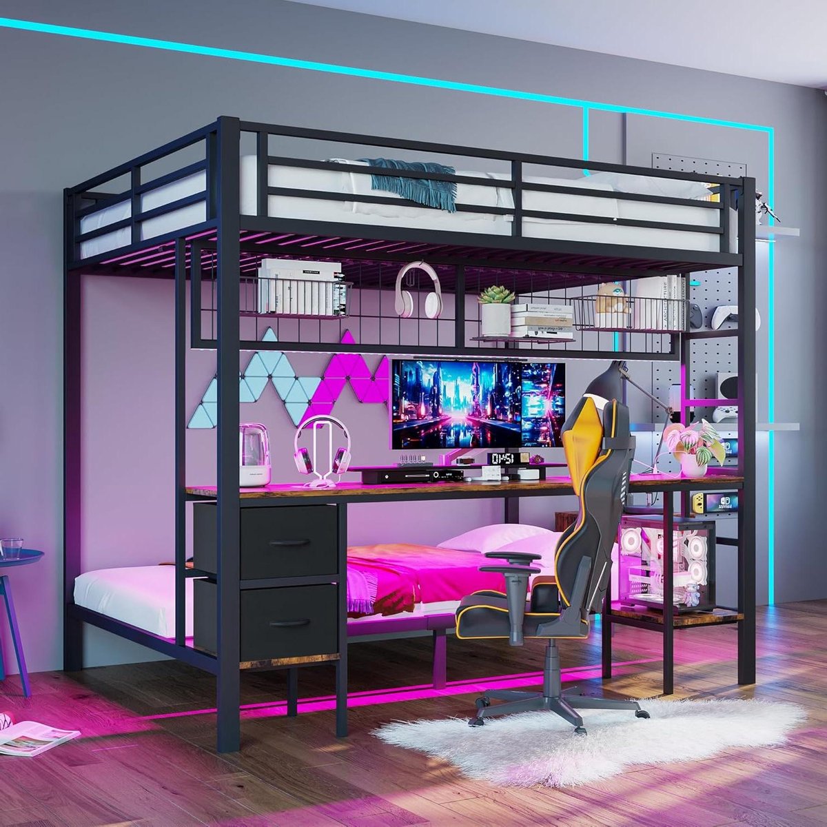 Stapelbed Hoogslaper - Kinderbed Bureau - Ruimte Besparen - Met LED en USB - 140x200 cm - Zwart