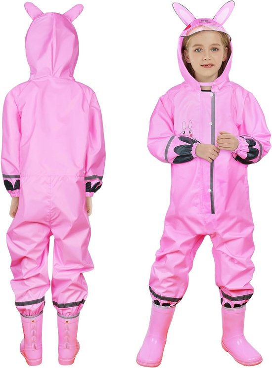 Roze regenpak met konijnenoren capuchon, van voren en van achteren.