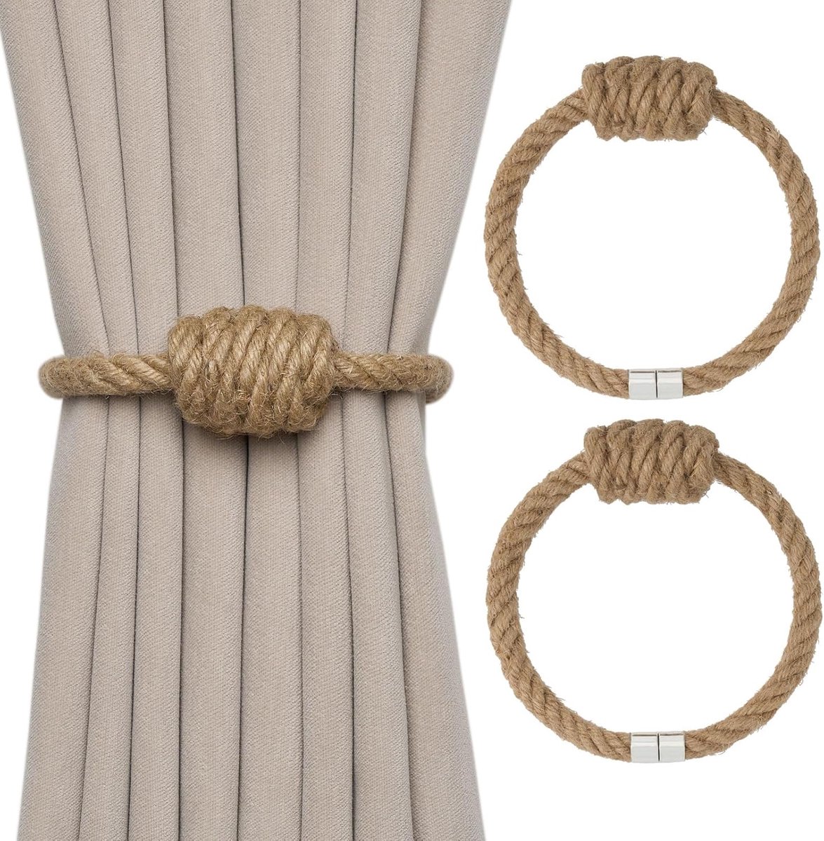 Set van 2 magnetische gordijnbinders van natuurlijk jutetouw, bohemian stijl, elegante handgeweven decoratieve gordijnbinders met knoop, geschikt voor gordijnen in huis en op kantoor (jute)