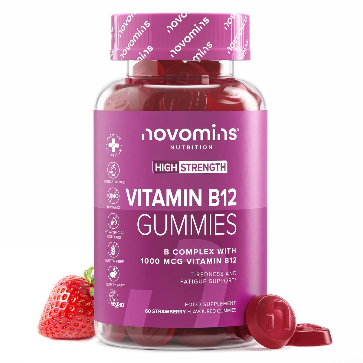 Vitamine B12 1000 mcg, met Vitamine C & B1, 60 Gummies, Vegan, Halal, Getest door Eurofins, Novomins
