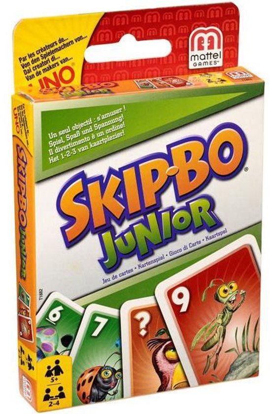 Doos met Skip-Bo Junior kaartspel. Met grappige dierenkaarten.