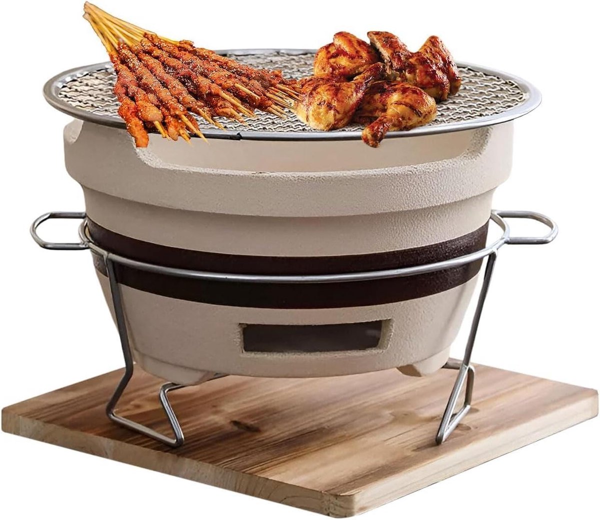 Draagbare Houtskoolbarbecue - Compacte Grill - Buiten Koken - Houten Basisplaat - Maat M - Zwart