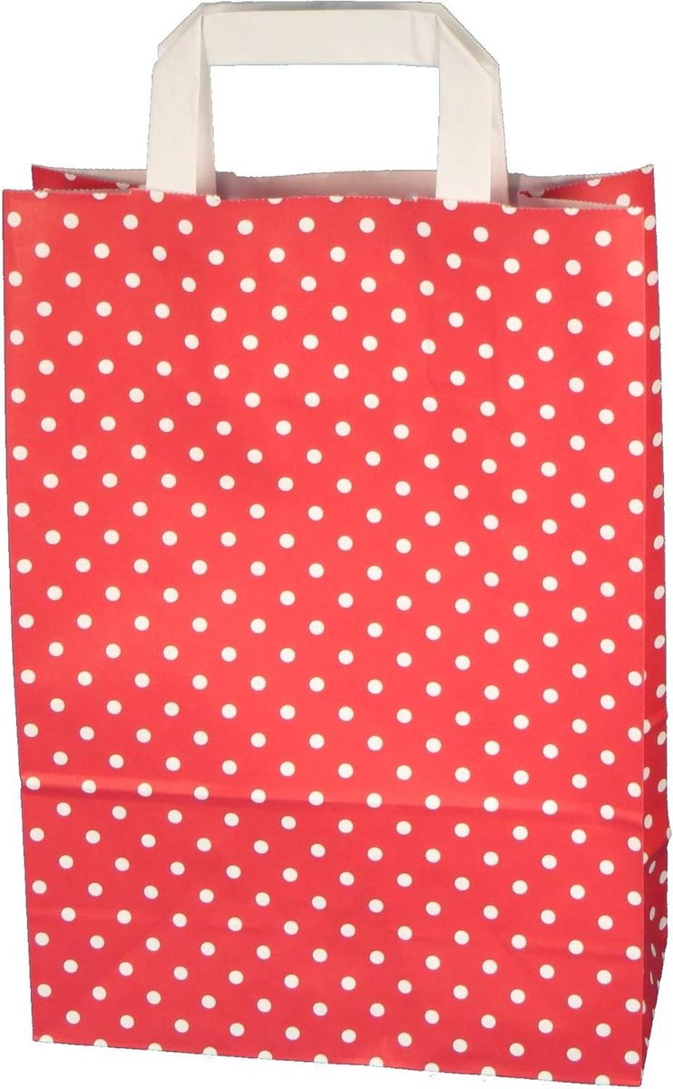 Papieren Draagtassen - Cadeauzakjes Boodschappentassen - Kleine Zaken - Stippen Design - 250 Stuks - Rood Wit
