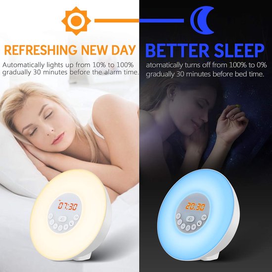 Wekker met Licht - Wake Up Lamp - Rustig Wakker Worden - Zonsopgang Simulatie - 10 Helderheidsniveaus - Meerdere Kleuren — afbeelding 3