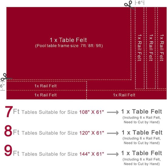Biljartdoek pooltafel vilt, rood snel zwembaddoek, kamgarenmix biljartdoek met 6 viltstroken voor 7' 8' 9' voettafel biedt uitstekend doekrekvermogen 9FT — afbeelding 4