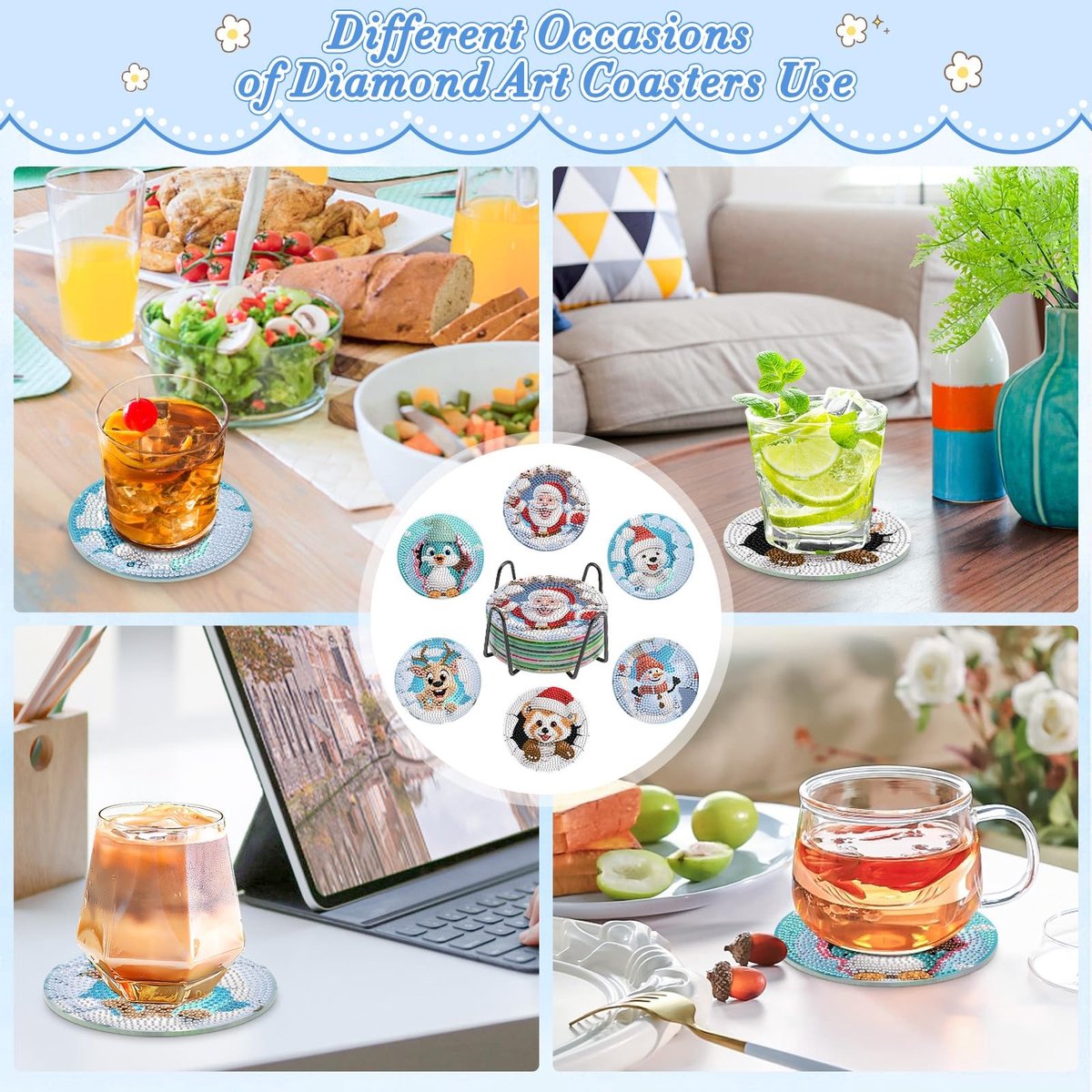Dailygoods - Set van 6 Onderzetters met Houder en Diamant Afbeeldingen