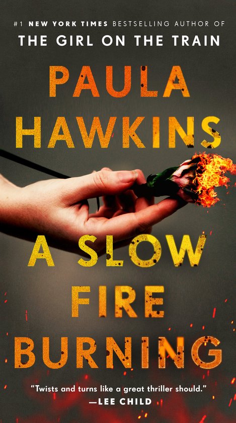 Boekcover van "A Slow Fire Burning" met de hand die een brandende roos vasthoudt. Titel en auteur in oranje letters.