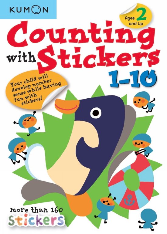 KUMON "Counting with Stickers 1-10" boek met een pinguïn en spelende kinderen, voor kinderen vanaf 2 jaar.