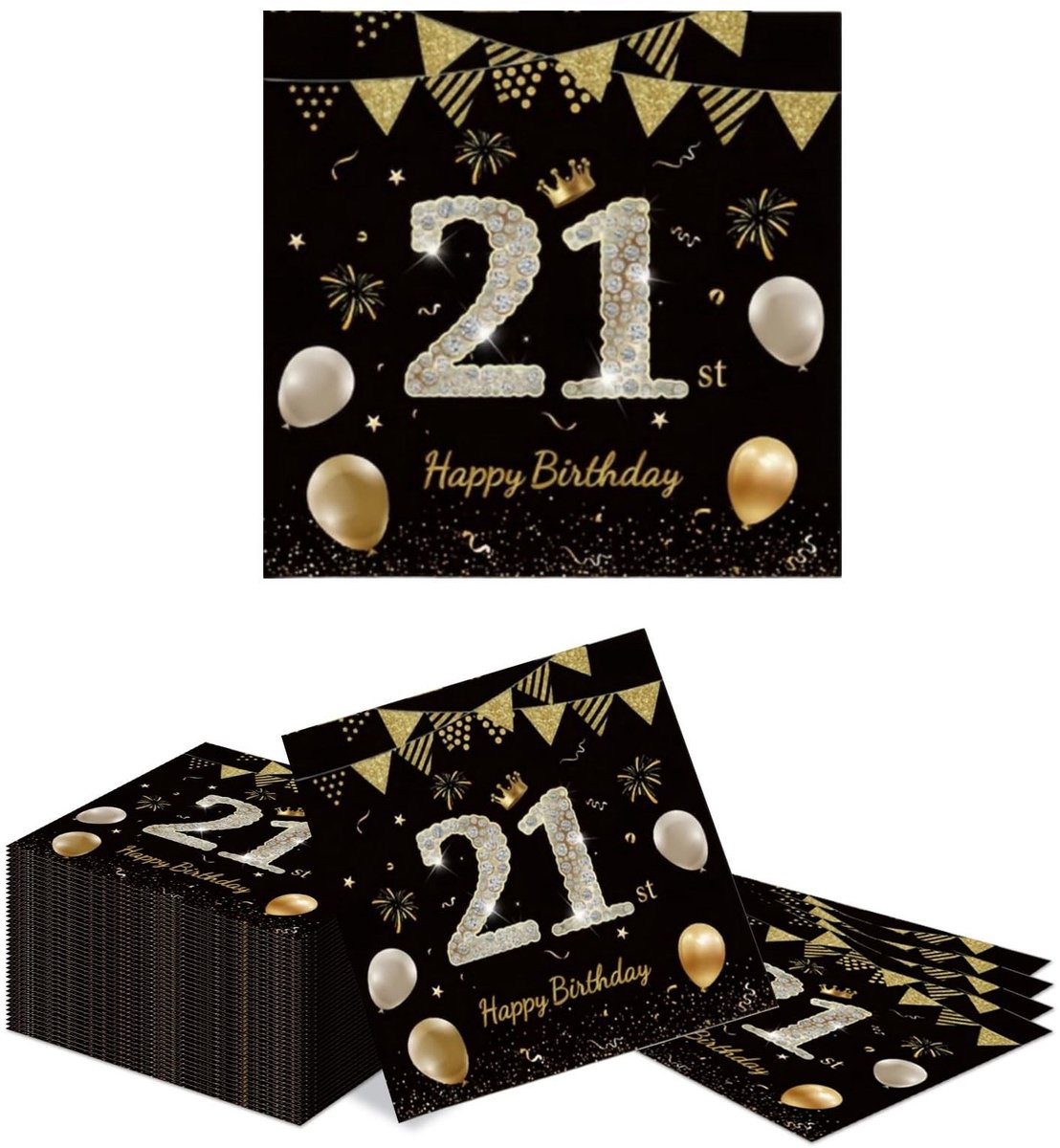 Dailygoods - 40 Stk 21 Verjaardag Servetten in Zwart en Goud