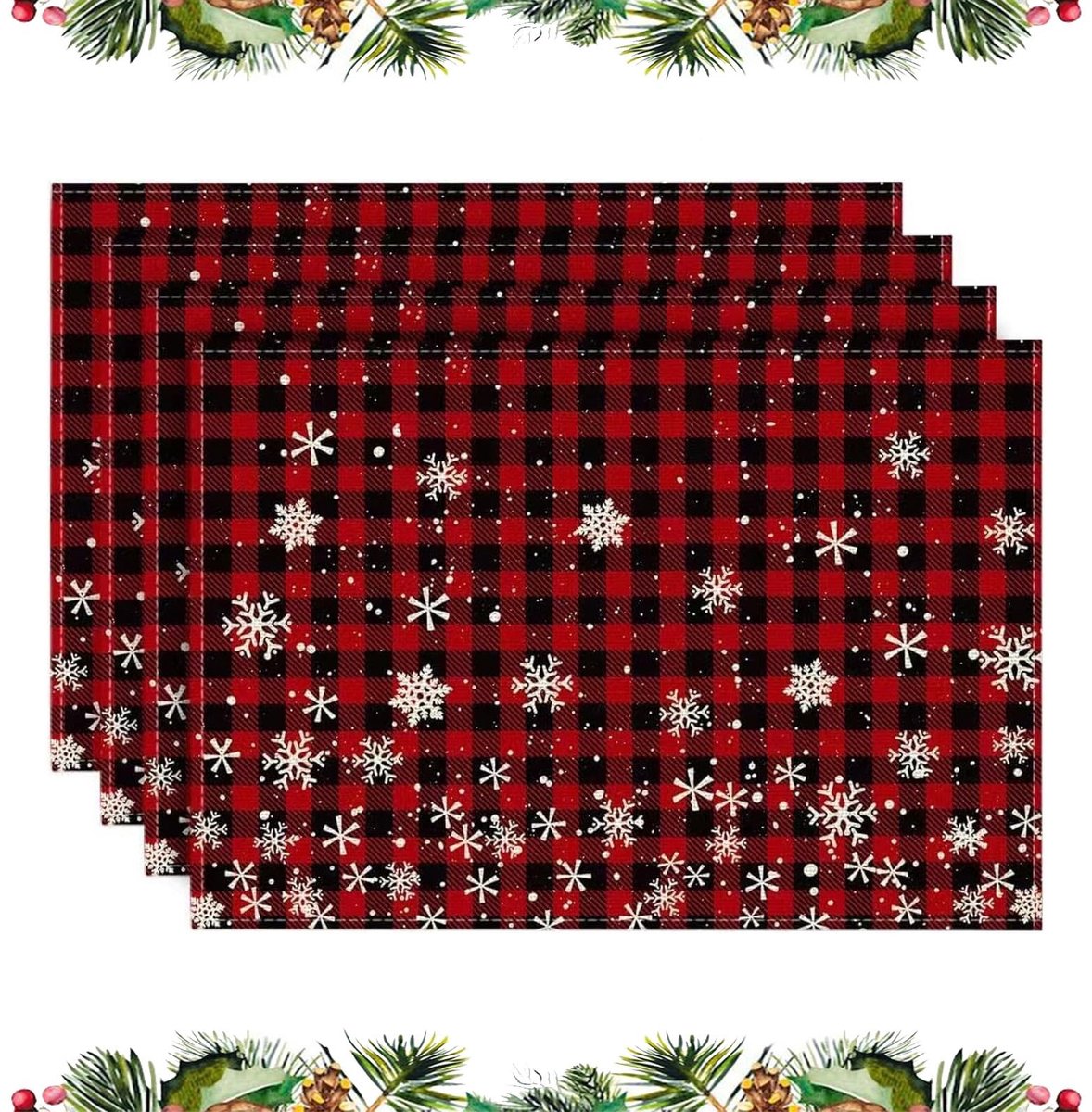 Dailygoods - Set van 4 Kerst Placemat met Sneeuwvlokken en Ruitpatroon