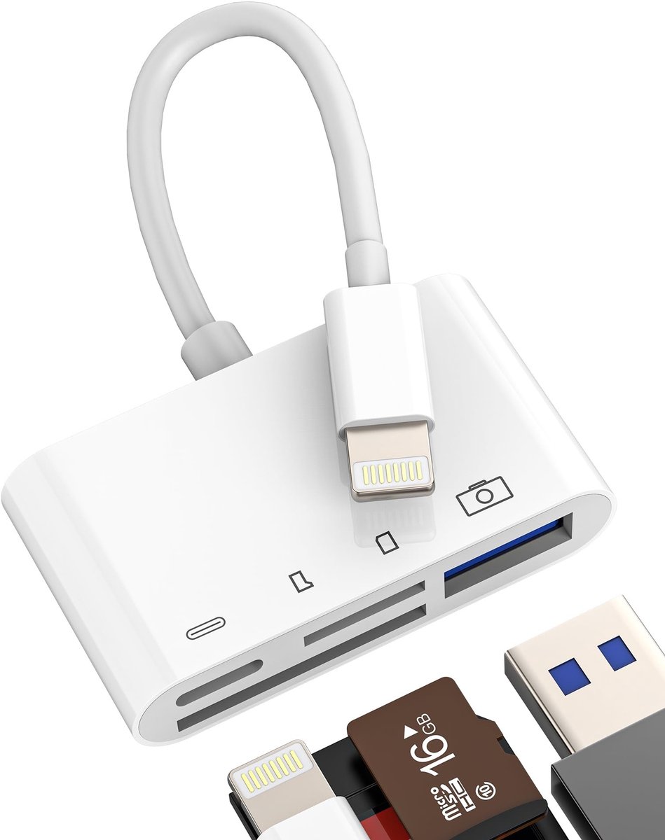 Dailygoods - 4-in-1 Lightning Kaartlezer en Oplaadadapter voor Apple Apparaten