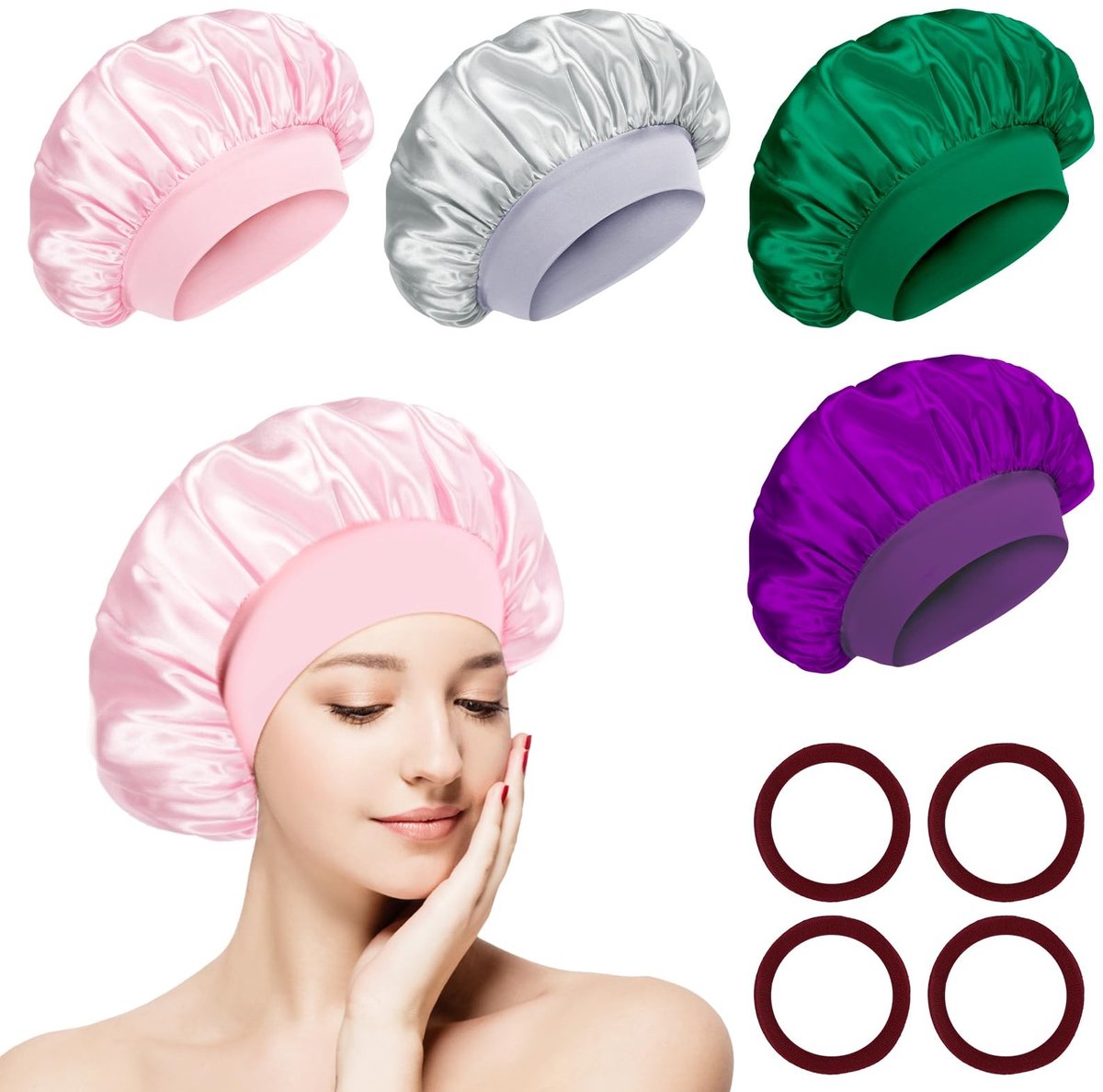 Dailygoods - Satijnen Haarmuts Set van 4 voor Haarbescherming