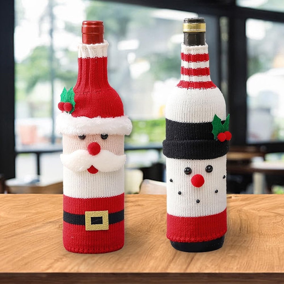 Dailygoods - Set van 2 Gebreide Kerstfleshoezen voor Bier en Wijn