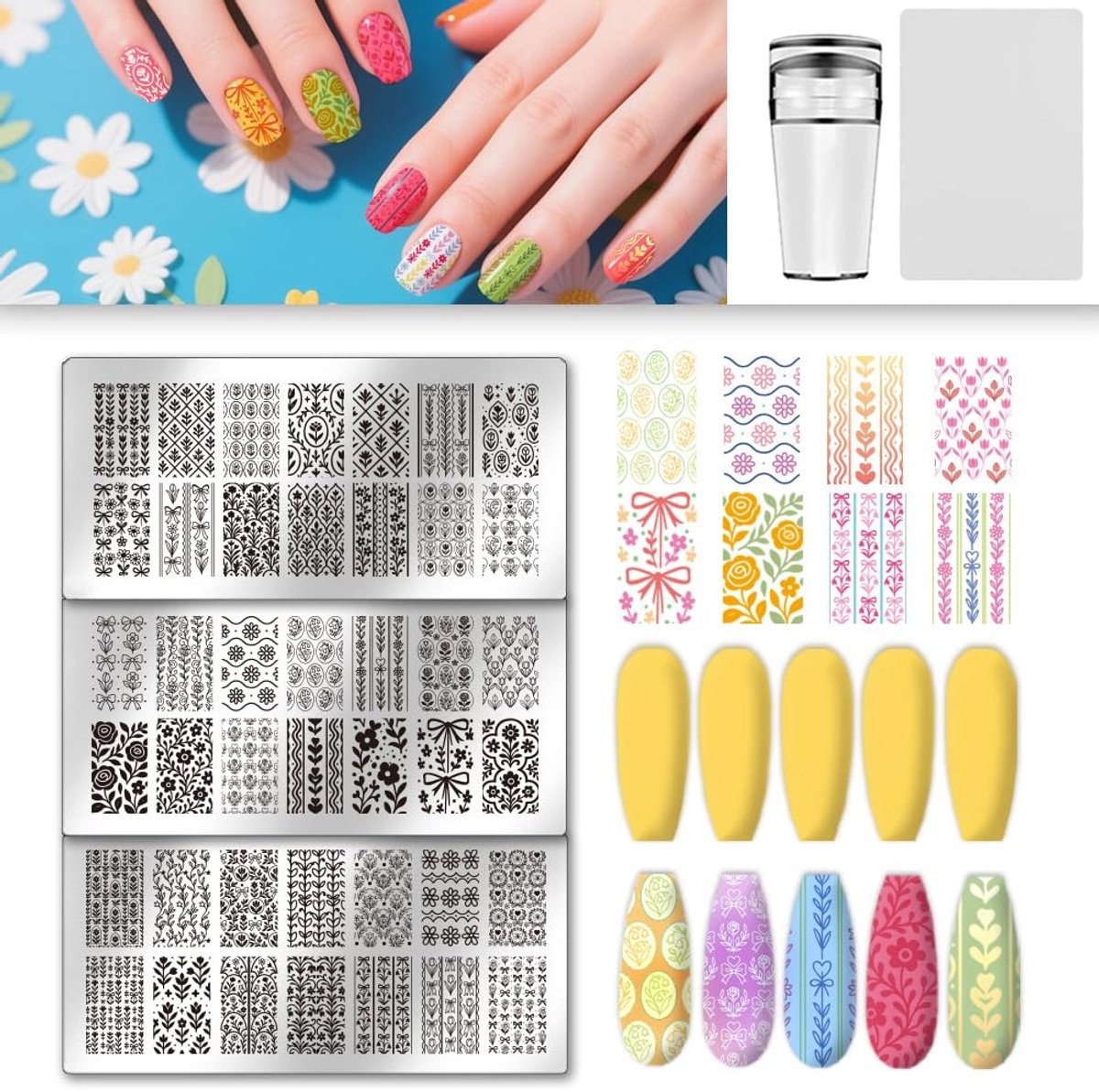 Dailygoods - 3 Stuks Bloemen Nagel Stempelset van Roestvrij Staal