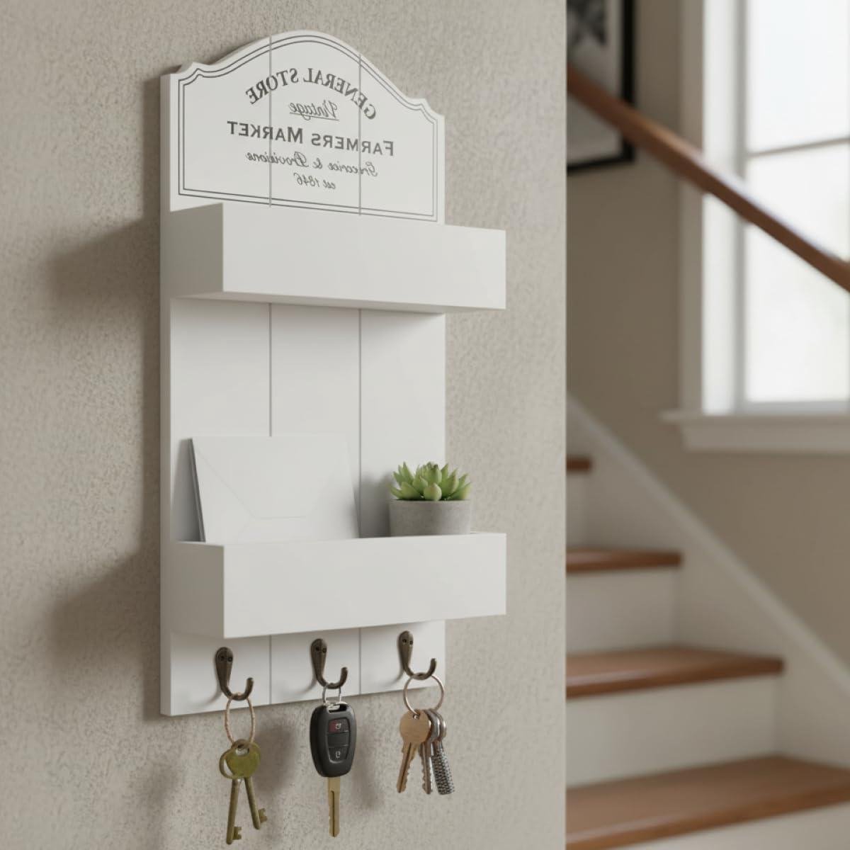 Houten Organizer - Wandrekje - Sleutels Post - Met Opbergplank - H48cm B24cm - Rustiek