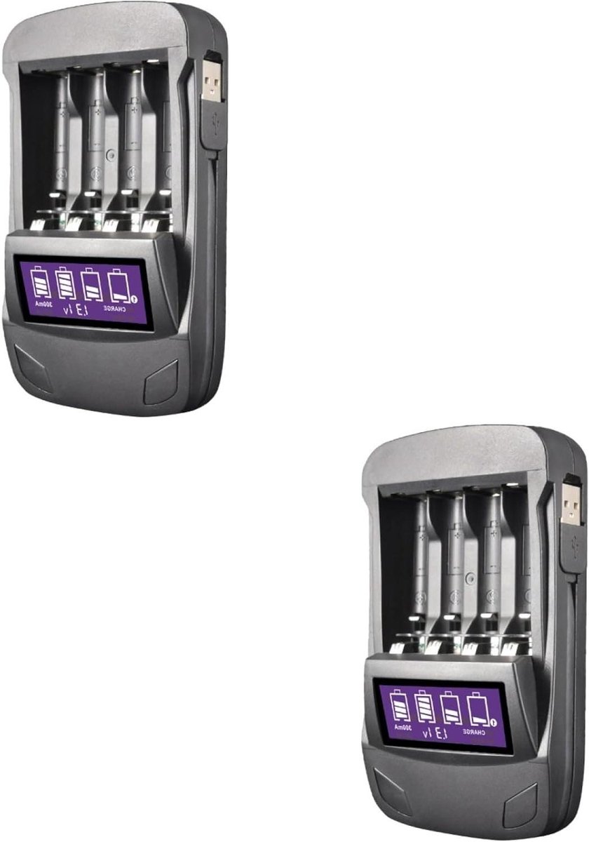 Batterij Oplader - Adapter Lader - Batterijen Laden - 4 Slots LCD - 2 Stuks - Zwart