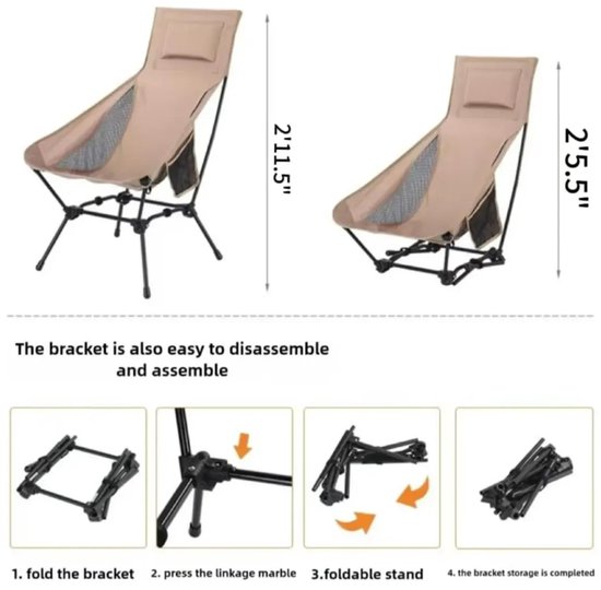 Verstelbare Campingstoel - Hoge Rugleuning met Hoofdkussen - 2 Hoogte-instellingen (90cm & 75cm) - Incl opberghoes - 58 x 74 x 90 cm - Max 120kg - Khaki — afbeelding 2
