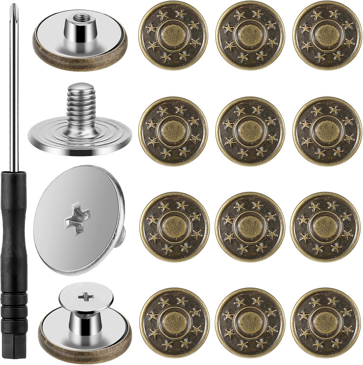 Broekaccessoires - Verstelbare Jeansknopen - 12 Stuks 17mm - Schroefmontage Zonder Naaien - Voor Broeken Jassen en Rugzakken - Brons Ster