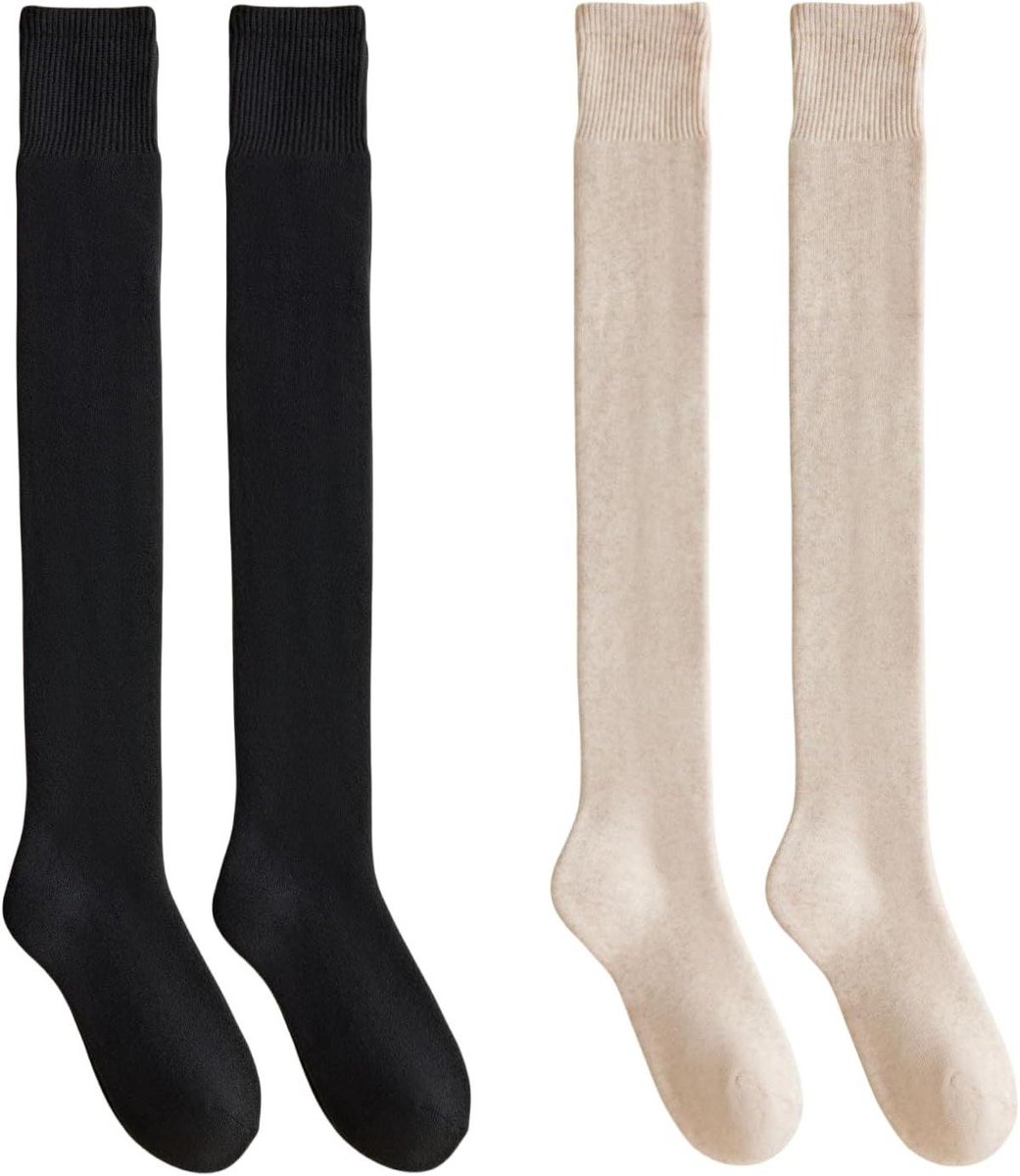 Dames Sokken - Overknee Kousen - Warmte en Stijl - Goede Elasticiteit - One Size - Beige Zwart