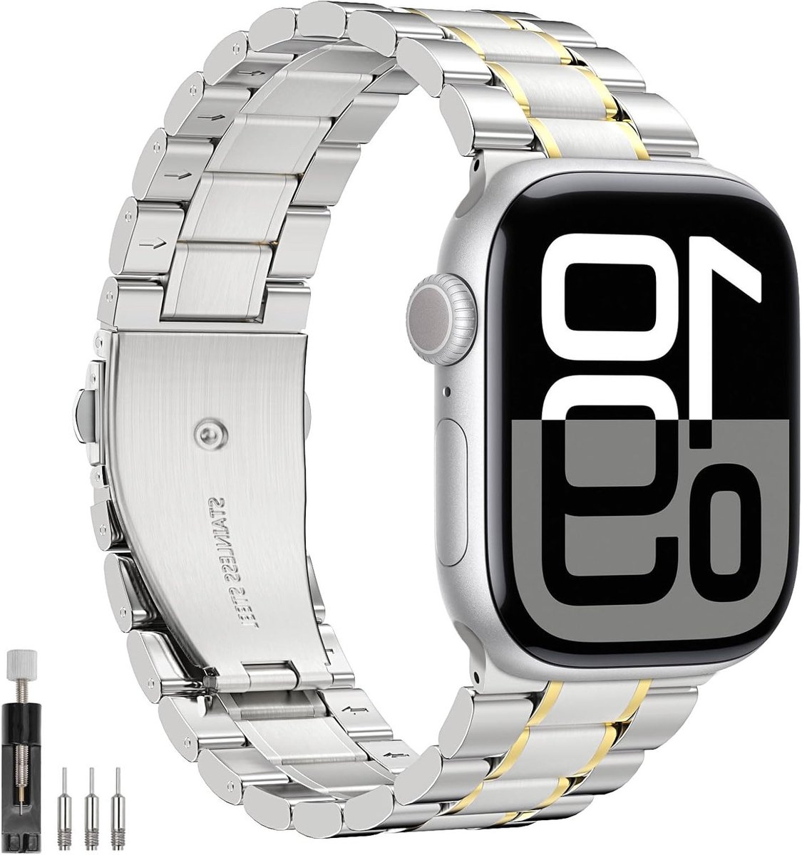 Roestvrijstalen Horlogeband voor Apple Watch Ultra en Series - Verstelbare Mesh Vervangband in Zilver/Goud, Geschikt voor 49mm, 46mm, 45mm, 44mm, 42mm, 40mm en 38mm