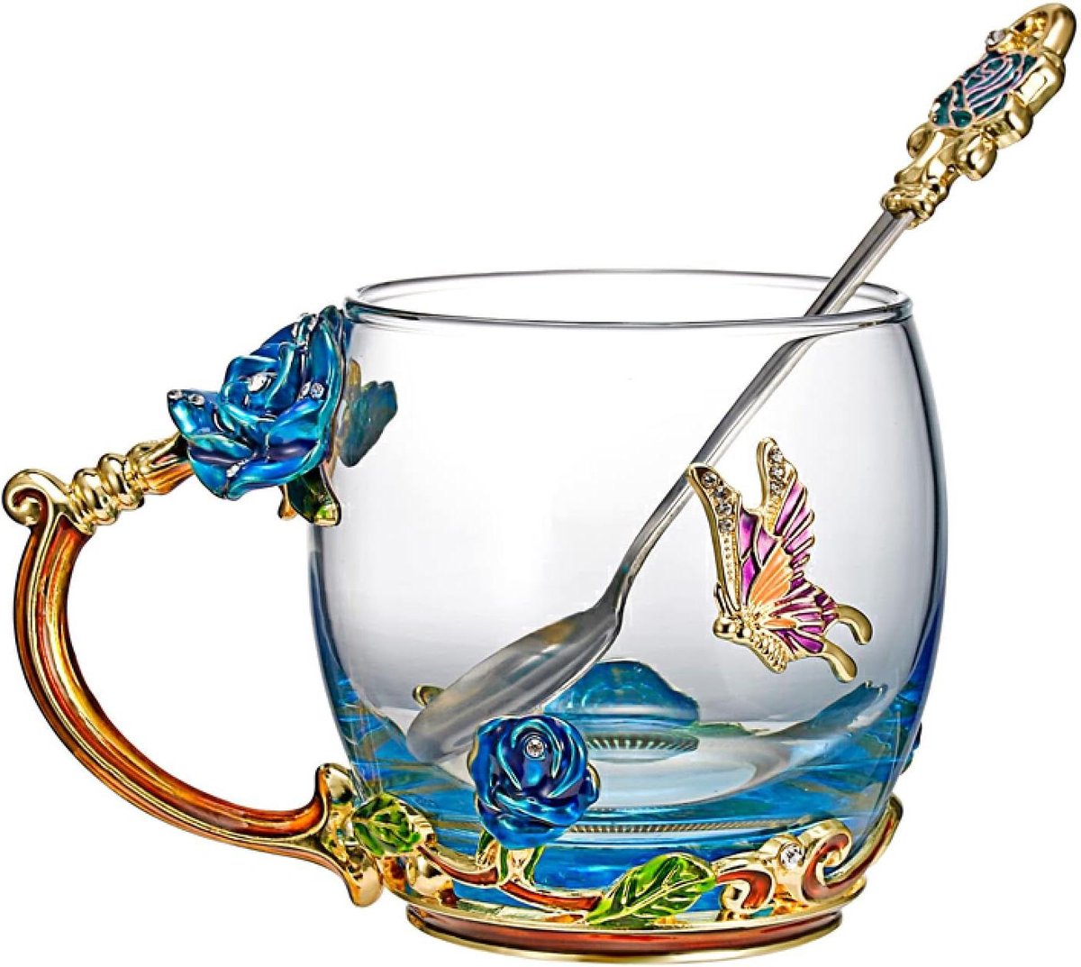 Kristallen Theemok - Bloemen Mok - Thee Drinken - Geëmailleerd Bloemendecor - 330ml - Blauw Rose