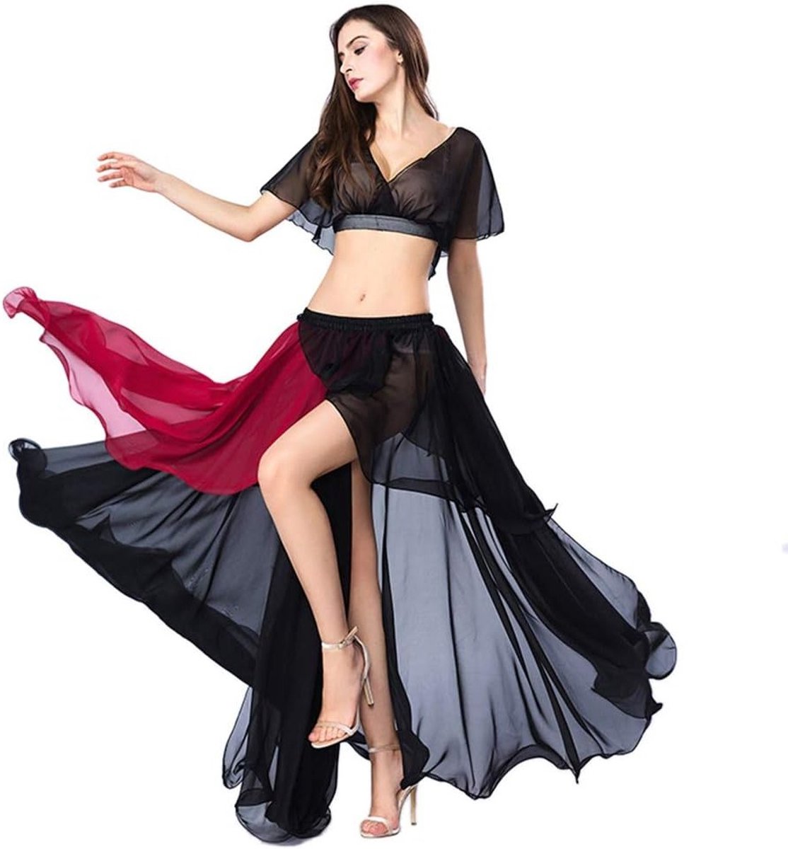 Bellydance top en rok kostuumset voor vrouwen - Chiffon buikdansoutfit met maxi rok en patchwork design voor danspraktijk