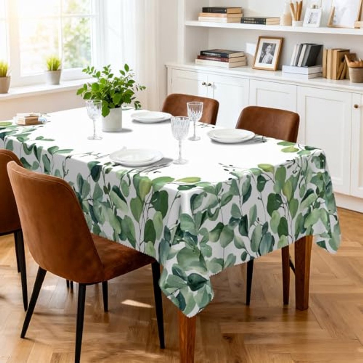 PromoHome Eucalyptus tafelkleed, afwasbaar, rechthoekig, weerbestendig, bloementafelkleed voor buiten, polyester, waterdicht, 110 x 140 cm