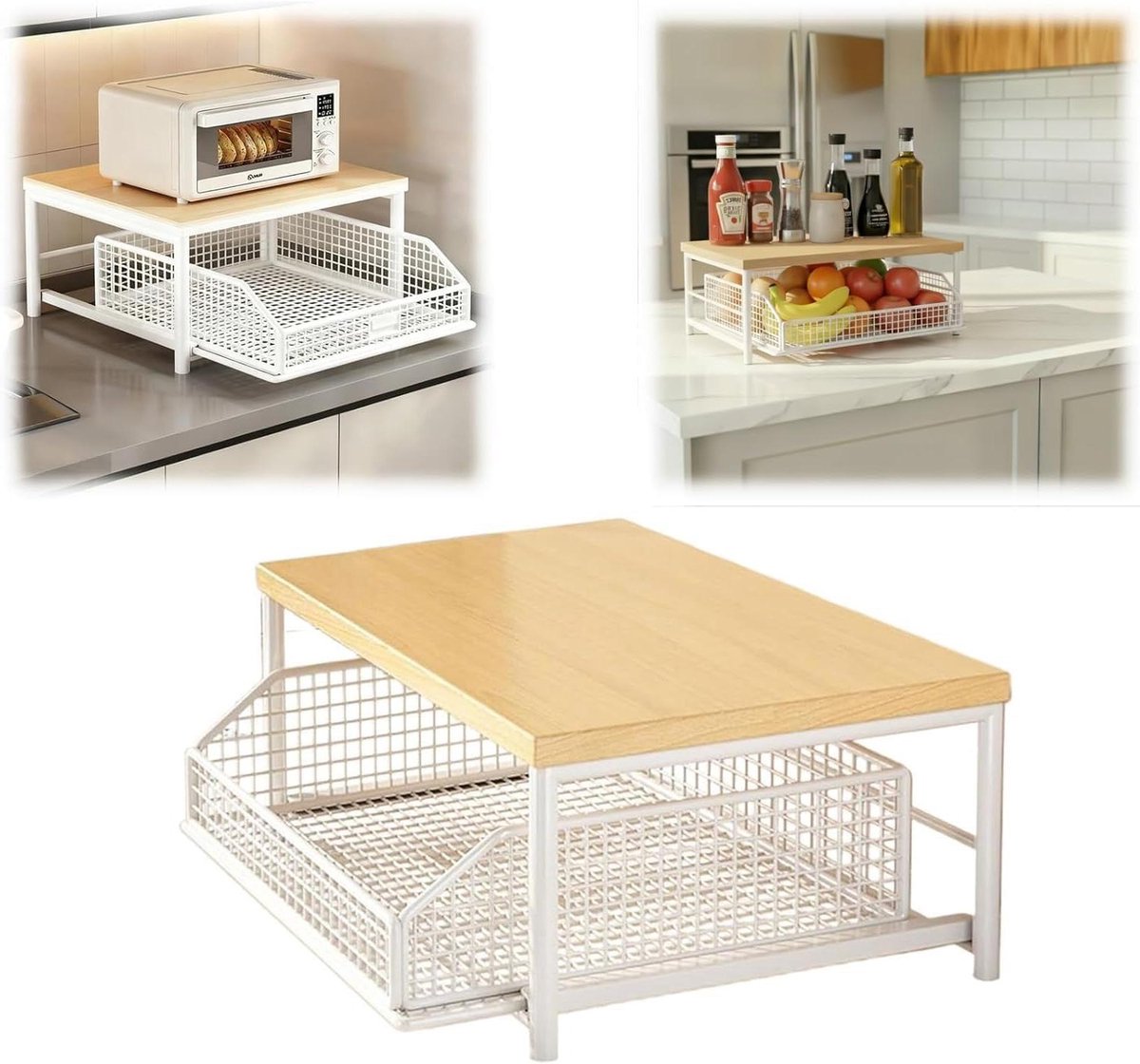 Keuken Organizer - Aanrecht Plank - Aanrecht Opbergen - Met Lade Mand - 2 Laags - Wit
