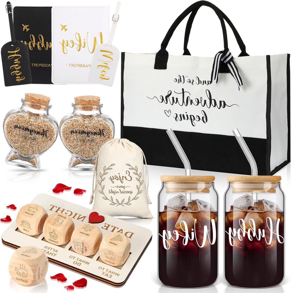 Cadeauset Koppels - Bruiloftscadeau - Huwelijksreis - 16 Delig - 400 ml Glazen - Wit Zwart Goud