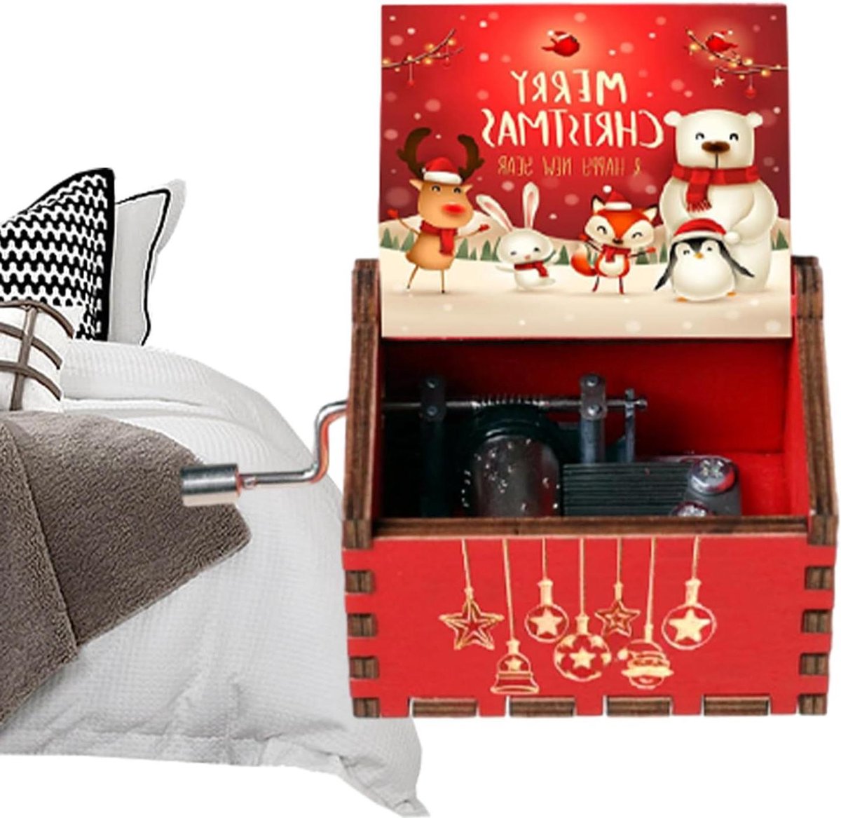 Kerst Muziekdoos - Houten Decoratie - Kerstsfeer Creëren - Handslinger Bediening - 98L x 59B cm - Rood