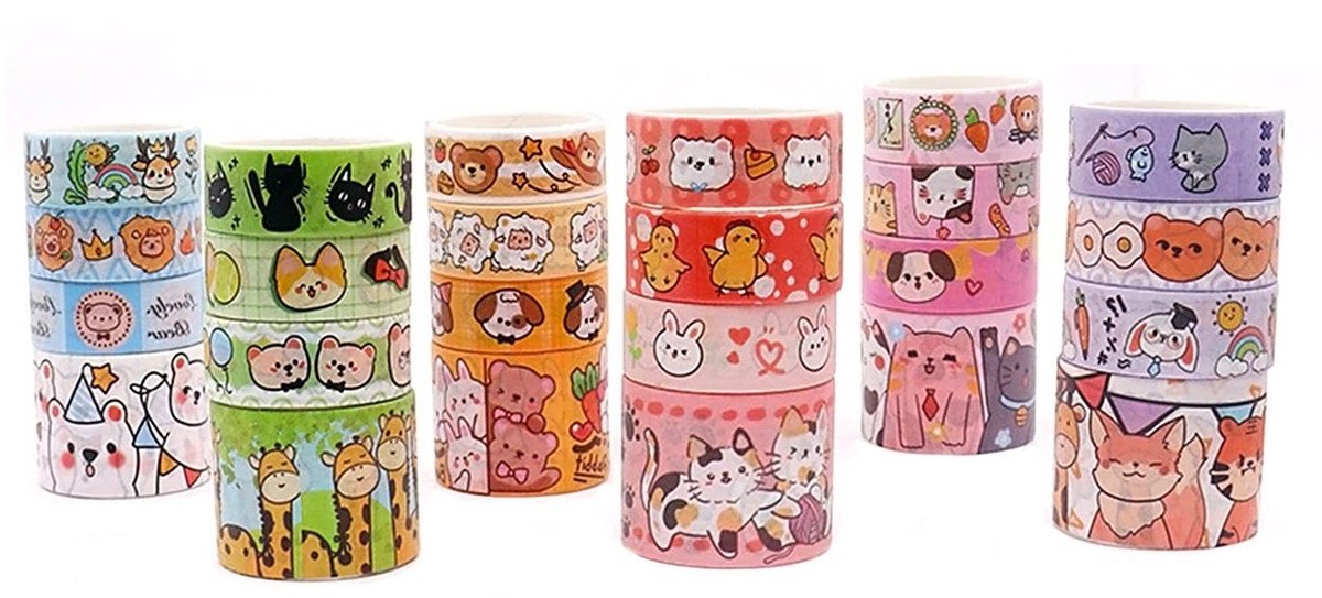 Washi tape met schattige dierenmotieven voor DIY decoraties, cadeauverpakkingen en dagboeken - 24 rollen creatieve decoratieve tape