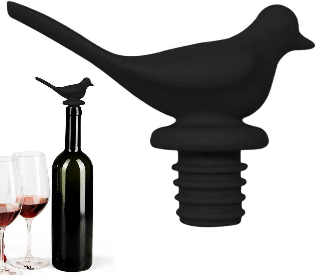 Siliconen Wijnstopper - Flessenplug - Drank Vers Houden - Vogel Vorm - 6.5 cm - Zwart