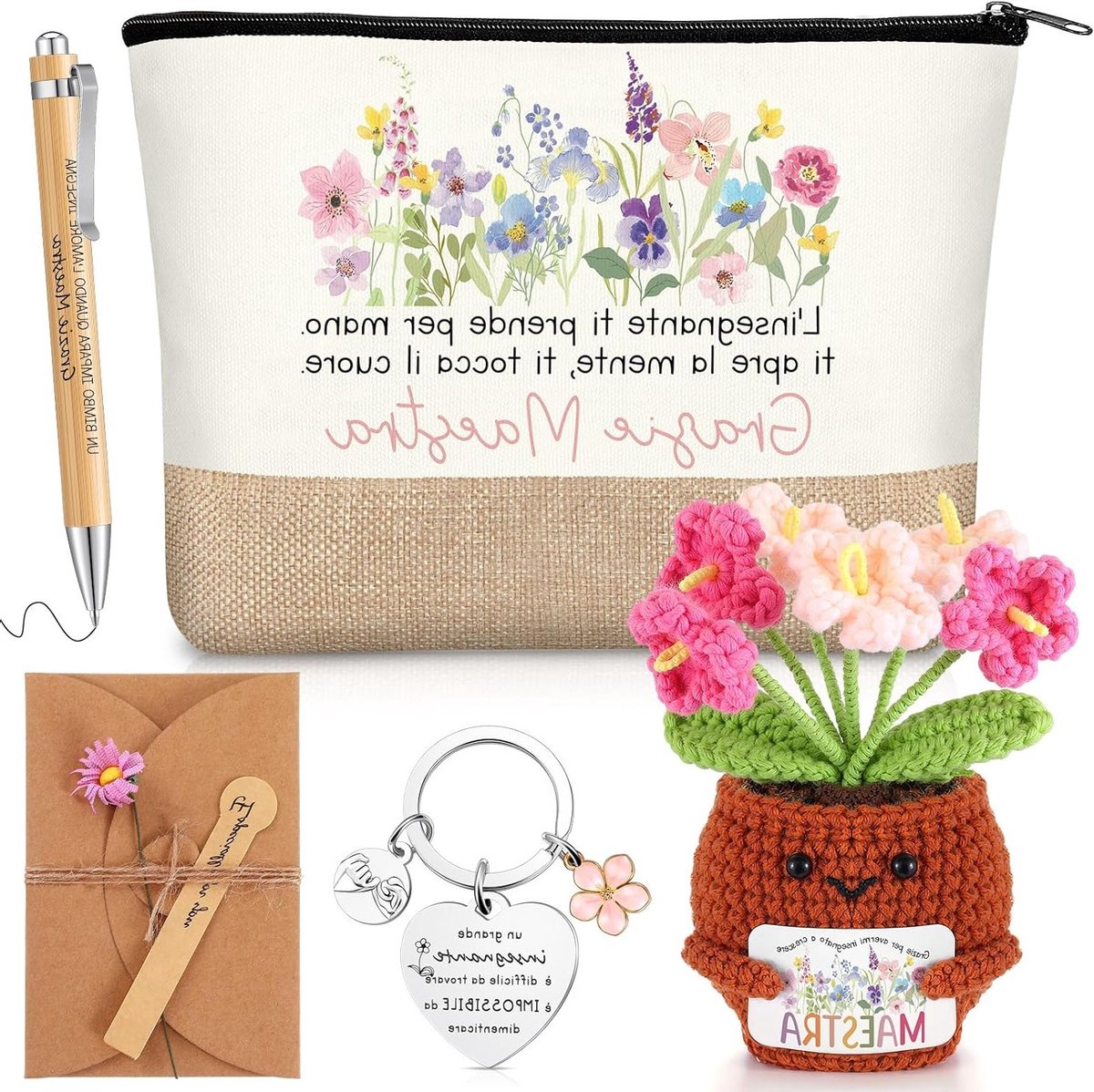 5 Stuks Eindejaarsgeschenken voor Leraren met Gehaakte Bloemen, Make-Uptasje en Balpen voor Afstuderen en Verjaardagen