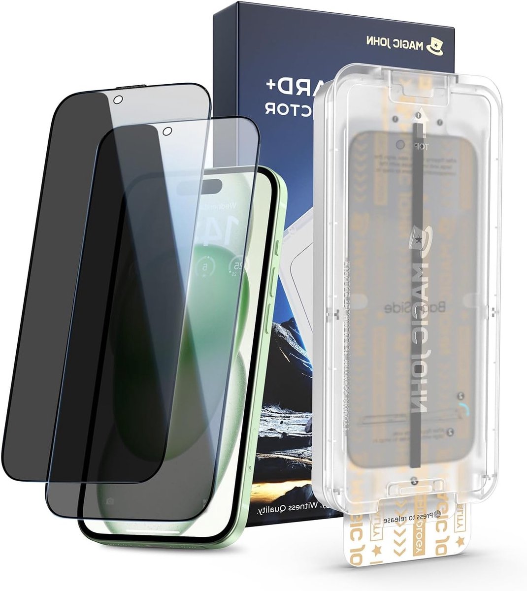 Set van 2 iPhone 15 Plus/16 Plus Screenprotectors met Schokbestendig Gehard Glas, 28° Anti-Spionage, Stofverwijdering en Eenvoudige Installatie