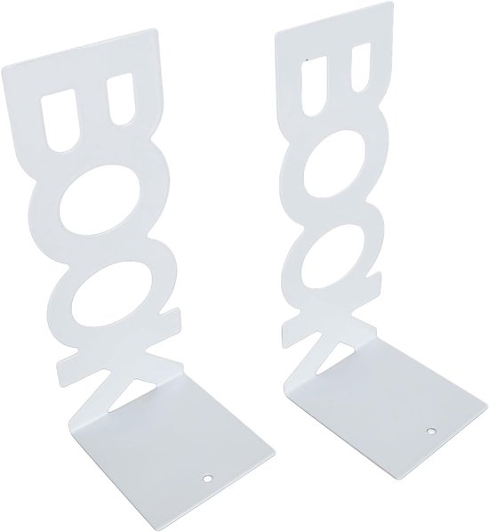 Paar witte metalen boekensteunen met het woord "BOOK" in een modern, minimalistisch ontwerp.