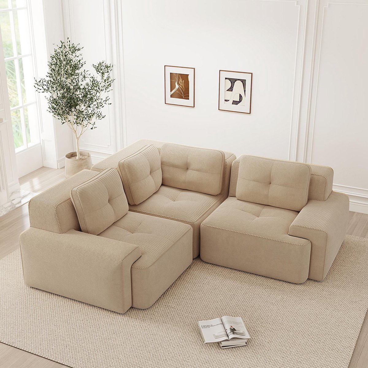 BLACKCOLORS Modulaire bank voor woonkamer, Kantoorbank, Modulaire samenstelbank, Diepe, comfortabele en gestoffeerde bank met corduroy bekleding, Geen montage nodig, Antislipontwerp, Beige