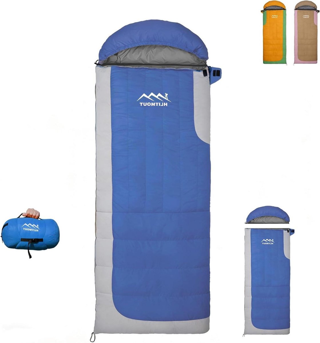 Rechthoekige slaapzak - Donzen slaapzak - Kamperen en wandelen - Afneembare hoed - 220 x 80 cm - Blauw