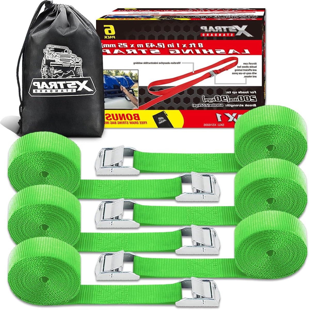 Spanbanden Set - Sjorbanden met Gesp - Vracht Zekeren - Massief Stalen Gesp - 6 Stuks 2.4 Meter - Groen