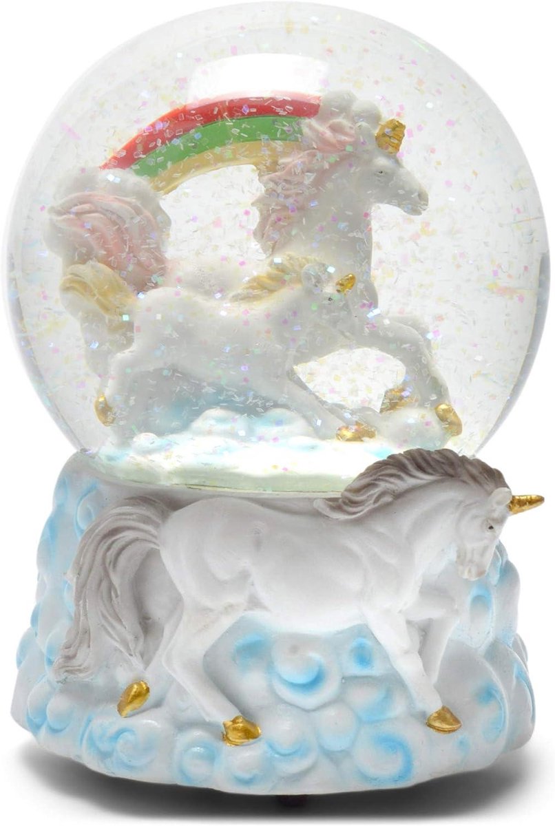 Eenhoorn Water Globe - Magische Bol - Decoratie Bureau - Regenboog Design - 6 Inch Hoog - Wit