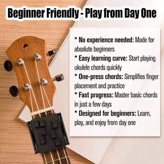 Ukelele hals met zwarte akkoordhulp gemonteerd. Tekst op de foto benadrukt de beginnersvriendelijkheid.