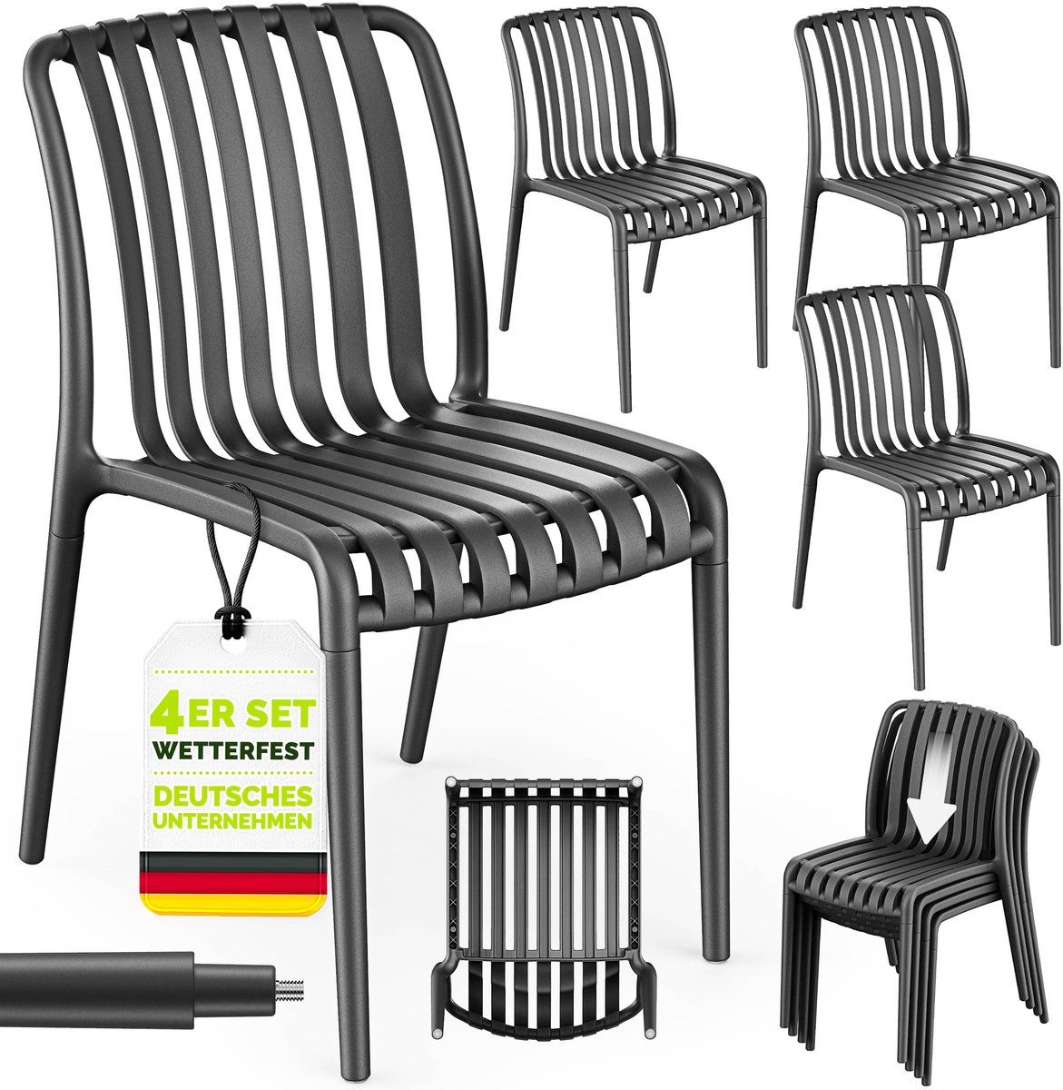 tillvex® Tuinstoelen 4-delige Set Stapelbaar Weerbestendig zonder Armleuning | Outdoor Stoelen tot 120kg Belastbaar | Tuinstoelen Outdoor | Terrasstoel Tuinmeubelen Balkon Tuin Terras