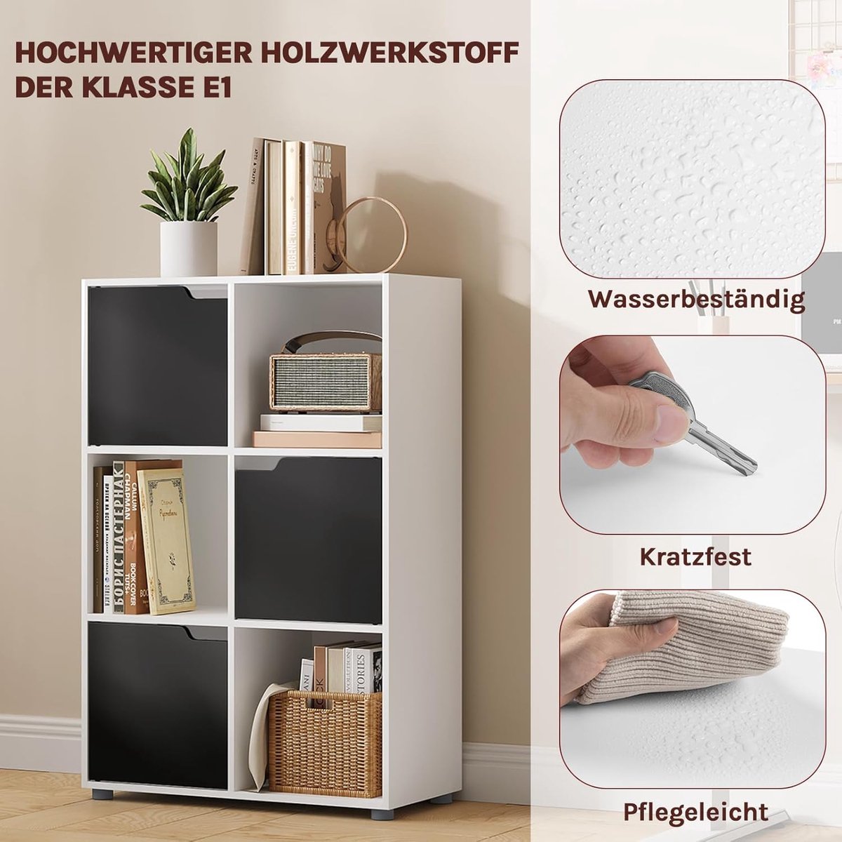 Boekenkast met deuren en 6 vakken – Opbergrek en ruimteverdeler 59,6 x 91 x 29 cm – Scandinavische boekenkast wit/zwart – Staand kantoorrek met soft-close deuren – Multifunctionele archiefkast – ABTkantoor