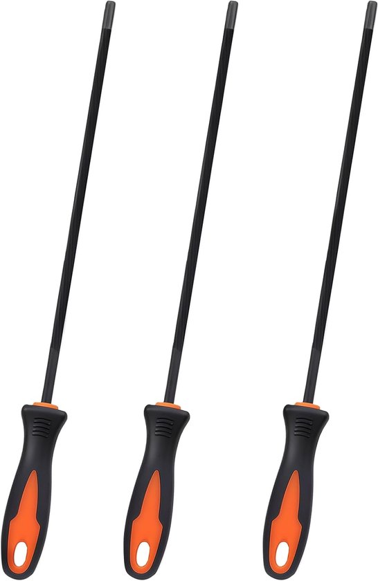 Drie kettingzaagvijlen met zwarte stelen en oranje handgrepen.