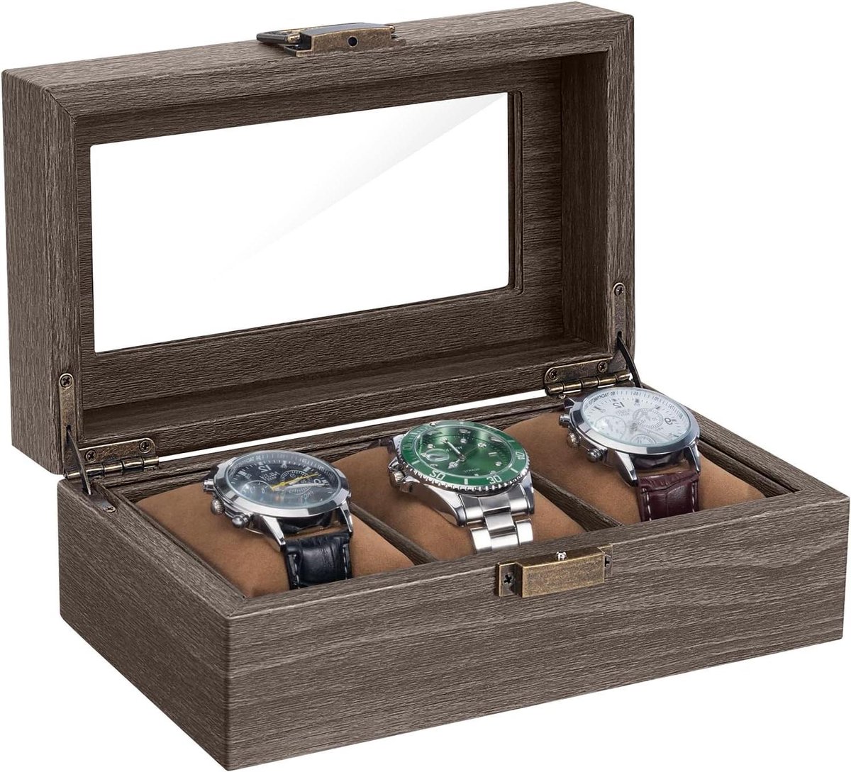 Horloge Doos - Sieraden Opberger - Horloges Beschermen - Glazen Deksel - 3 Vakken - Bruin