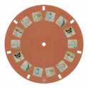 Een oranje projectorschijf met afbeeldingen van dieren zoals olifanten, leeuwen en krokodillen.