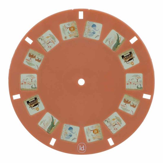 Een oranje projectorschijf met afbeeldingen van dieren zoals olifanten, leeuwen en krokodillen.