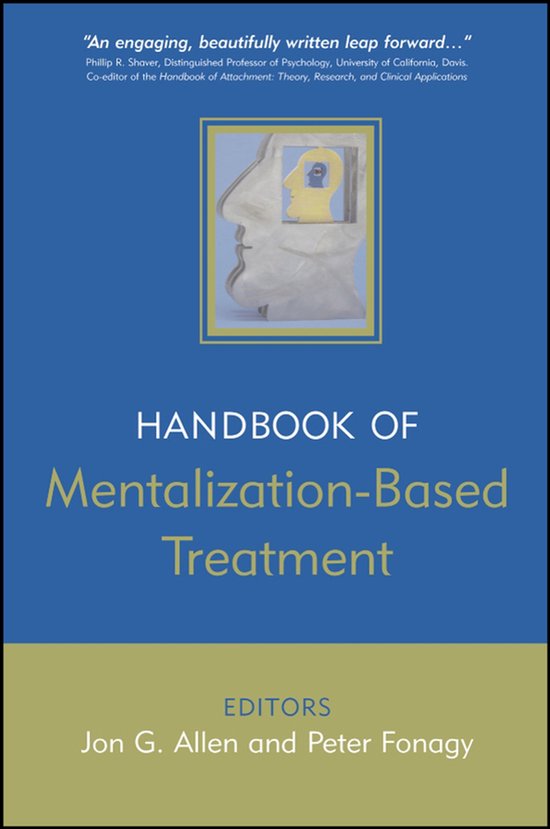 Couverture de livre : "Handbook of Mentalization-Based Treatment" avec une illustration de profils et un cadre contenant une tête.