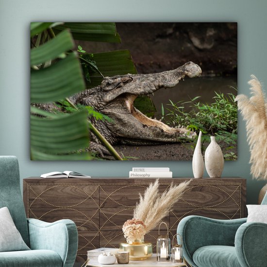 Canvas schilderij 180x120 cm - Wanddecoratie Krokodil met geopende bek - Muurdecoratie woonkamer - Slaapkamer decoratie - Kamer accessoires - Schilderijen op canvas